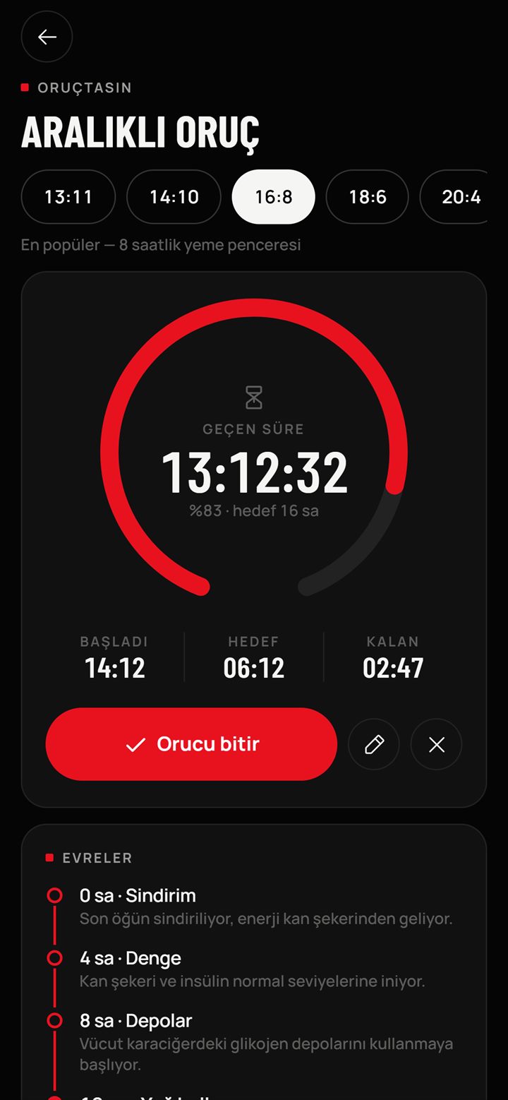 Fitoria uygulaması — Oruç ekranı