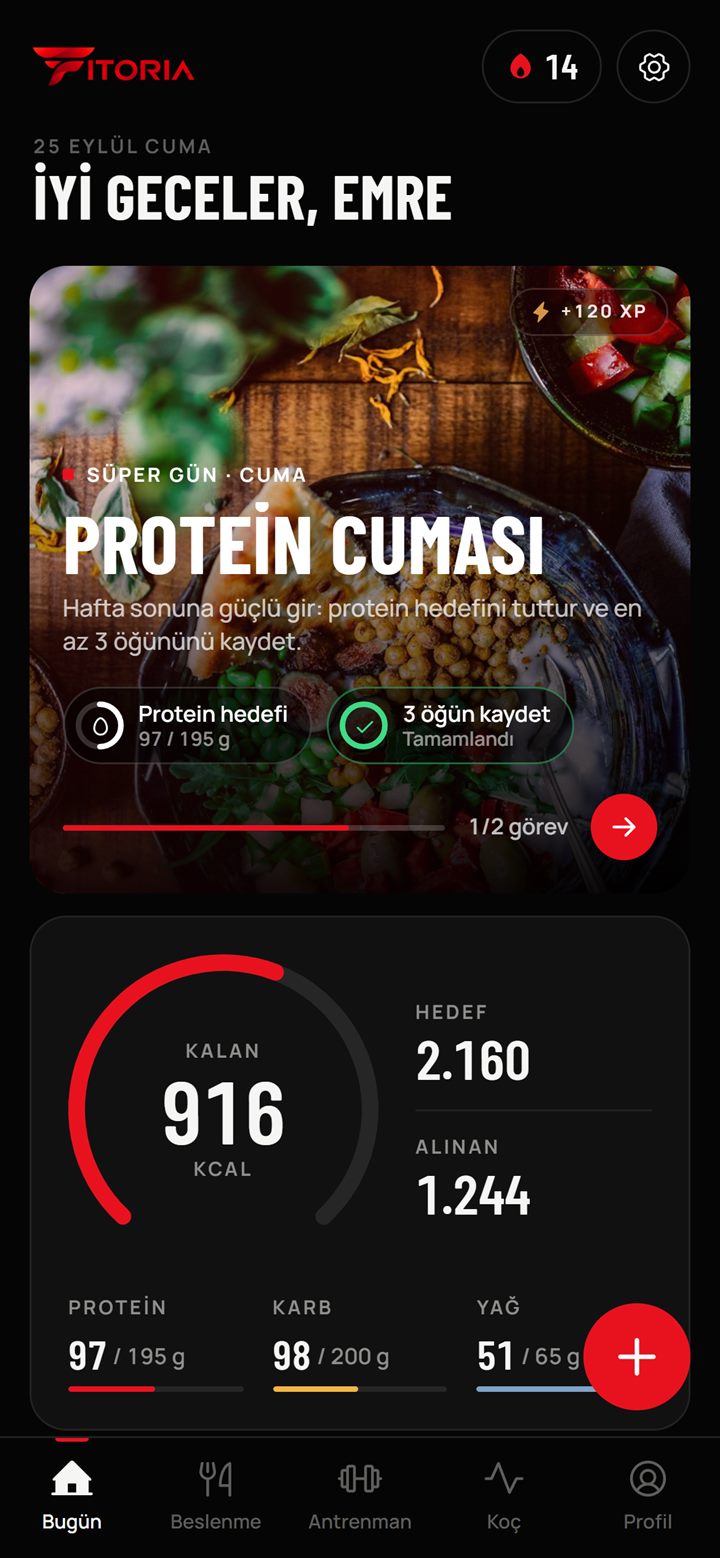 Fitoria uygulaması — Bugün ekranı